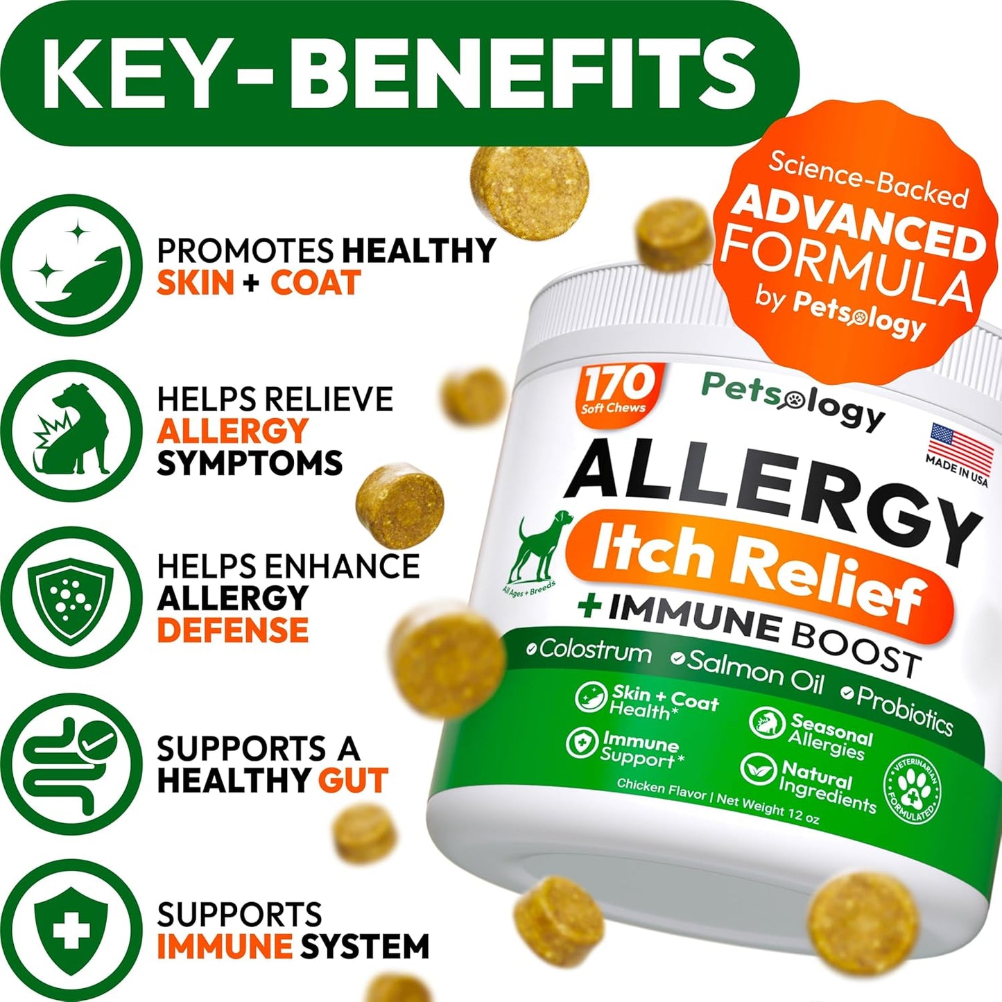 Dog Allergy Relief Chews - 170 Dog Allergy Chews - Itch Relief for Dogs - Omega 3 Fish Oil, Probiotics for Itchy Skin & Hot Spots Allergies, Paw Licking - Dry Skin & Coat Supplement - Immune Health