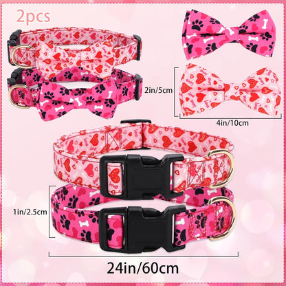 2 Pcs Valentines Dog Collar with Bow Tie Red Hearts Cute Pink Dog Collar Adjustable Safety Breakaway Buckle Soft for Small Medium Large Boy Girl Puppy Pet Dog Bows Removable Bowtie Cute