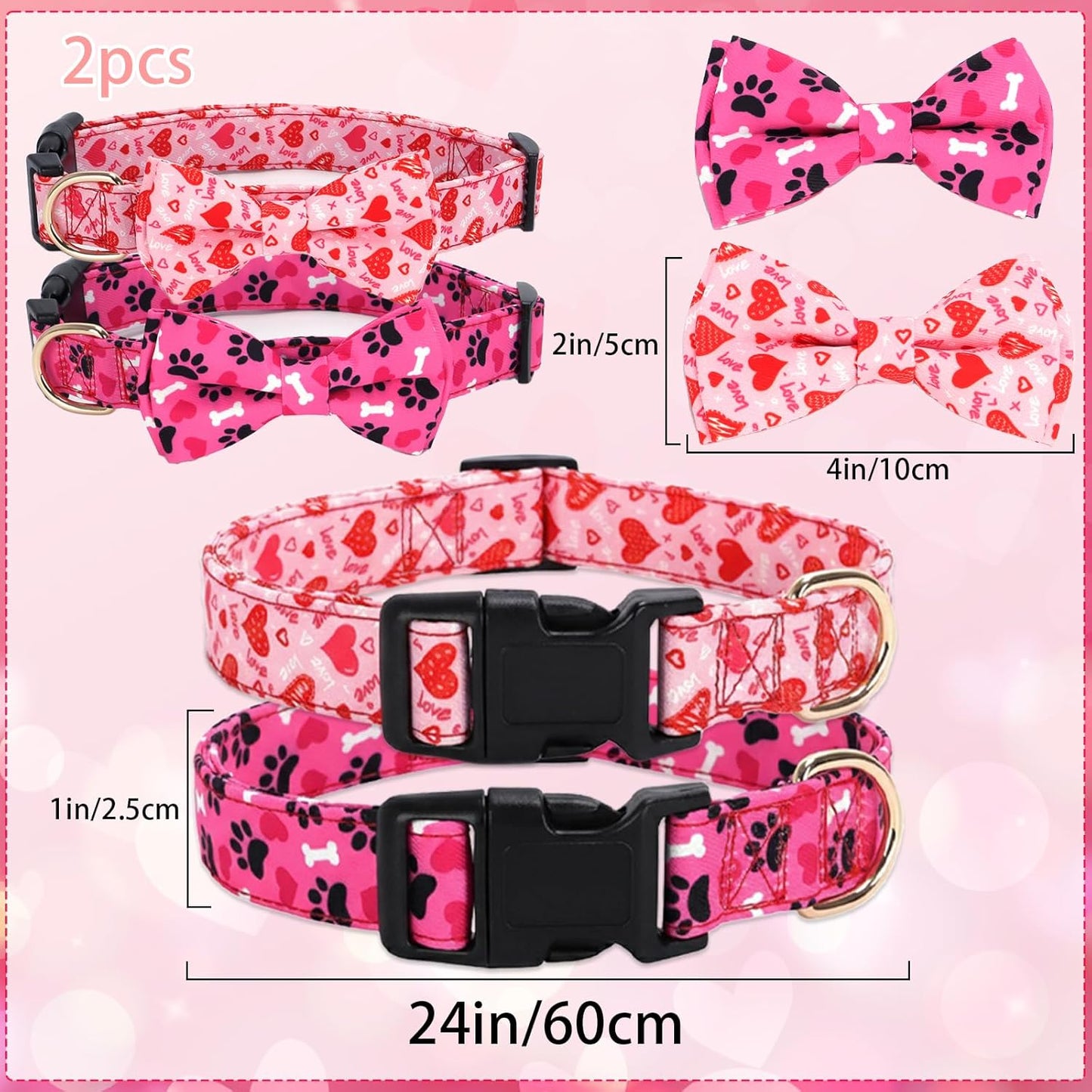 2 Pcs Valentines Dog Collar with Bow Tie Red Hearts Cute Pink Dog Collar Adjustable Safety Breakaway Buckle Soft for Small Medium Large Boy Girl Puppy Pet Dog Bows Removable Bowtie Cute