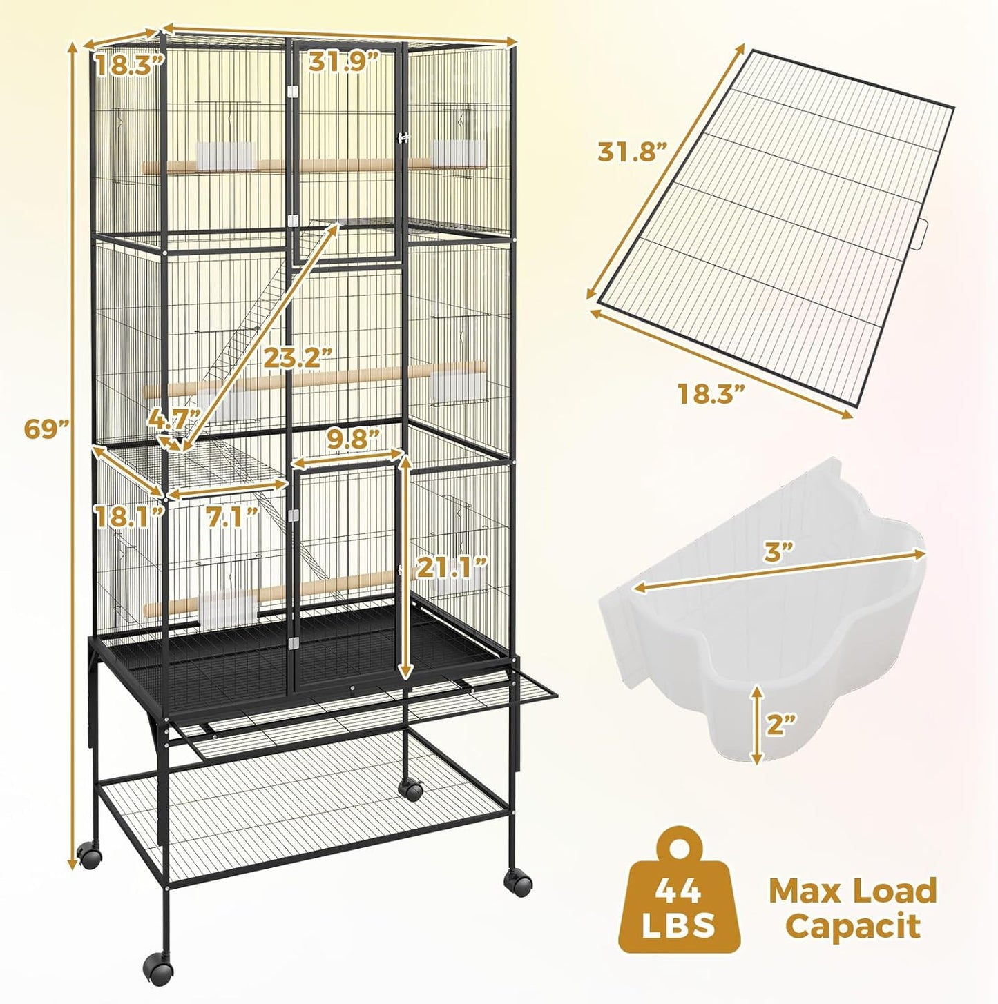 69-Inch Large Bird Cages with Storage Shelf, Feed Bowls – Rolling Parrot Cage for Macaws, Cockatiels, Conures, Parakeets, Budgies & Finches