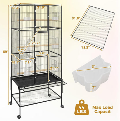 69-Inch Large Bird Cages with Storage Shelf, Feed Bowls – Rolling Parrot Cage for Macaws, Cockatiels, Conures, Parakeets, Budgies & Finches