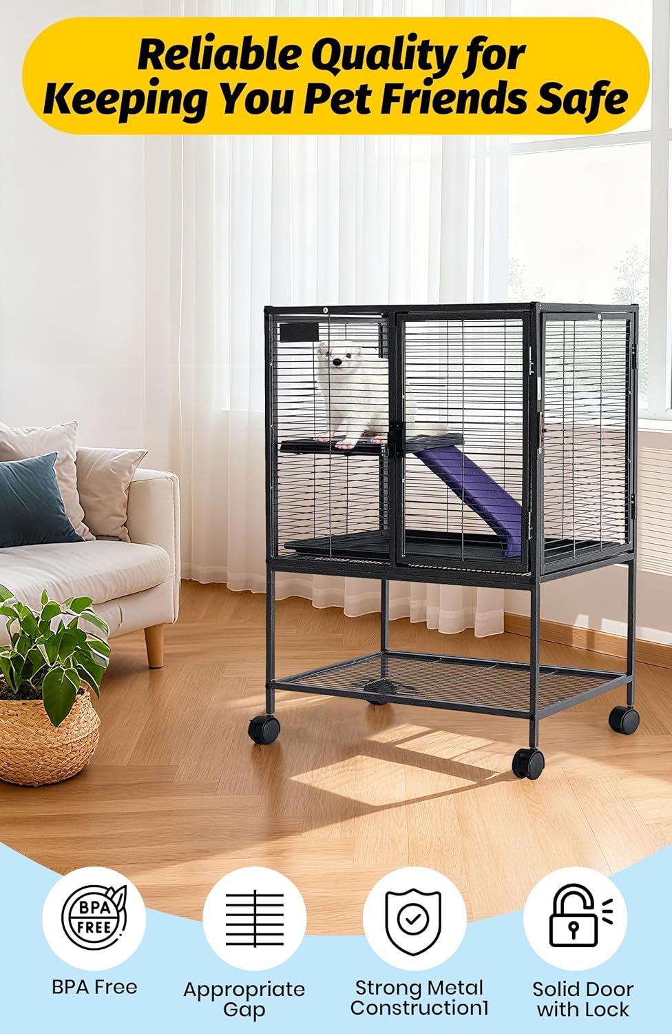 34 Inch High Small Animal Cage for Ferrets, Chinchillas, Hedgehogs - 4 Tier Large Hamster Cage with Removable Ramp, Comfortable Hammock, Extra Storage Stand, and Easy-to-Clean Removable Tray