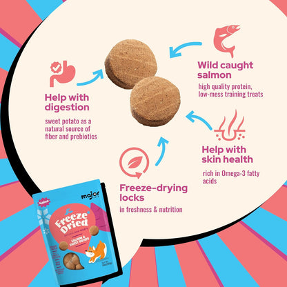 MAJOR PETS Freeze Dried Dog Treats, Wild-Caught Salmon & Sweet Potato, 100% Natural, Single High Protein, Rich in Omega-3, Grain Free, Healthy Training Bites & Meal Topper, Made in The USA, 2.5oz