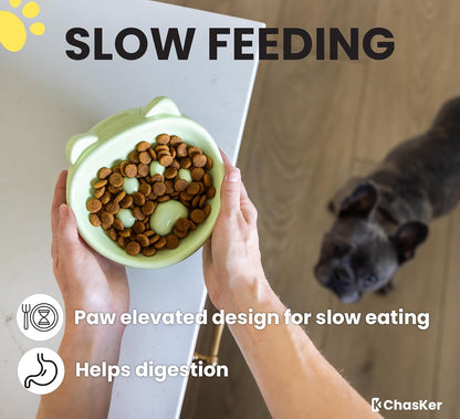 Ceramic Slow Feeder Bowl, Elevated Slow Feeder, Wide-Mouth, PAW Design, Stylish Design, for Fast Eaters, Non Slip, Dogs, Cats, Pets, Small & Medium Sized Breeds, (Green)