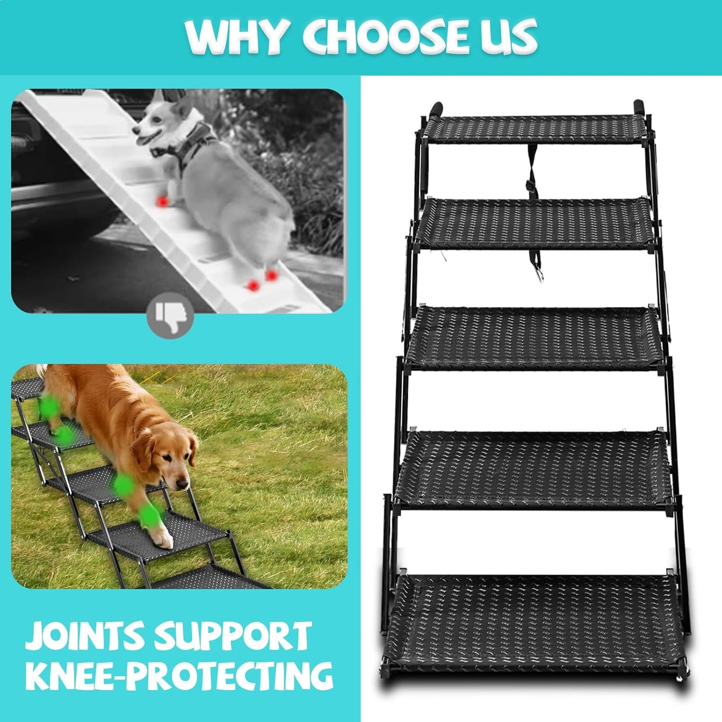 Dog Stairs for Car - Foldable Dog Ramps for Dogs with Non Slip Surface, Portable Pet Stairs for Cars and SUV, Truck, Sofas, Bed Support Up to 200 lbs (5 Steps)