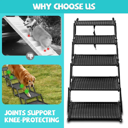 Dog Stairs for Car - Foldable Dog Ramps for Dogs with Non Slip Surface, Portable Pet Stairs for Cars and SUV, Truck, Sofas, Bed Support Up to 200 lbs (5 Steps)