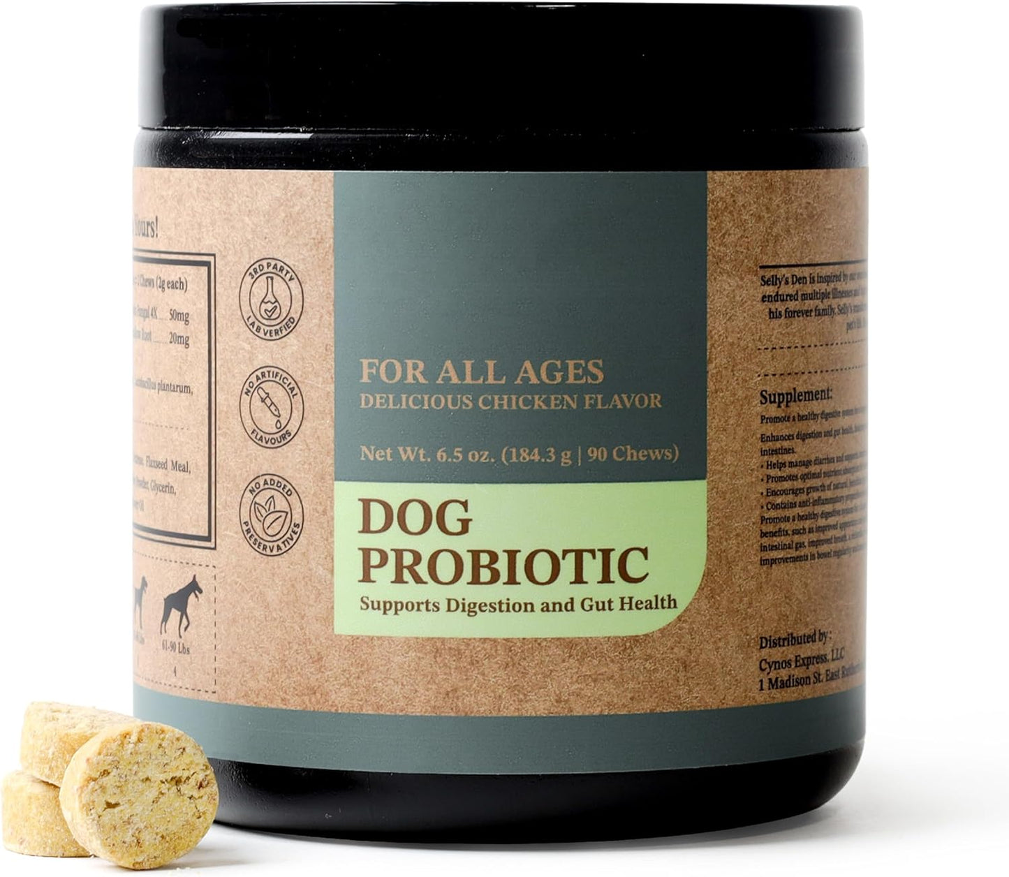 Selly’s Den Probiotics for Dogs Chicken Flavor Chew Supplement 6 Strain Blend Digestive & Immune Support Soft Chews with Enzymes, Prebiotics & Probiotics – Made in USA - 90 Count, 6.5 Oz