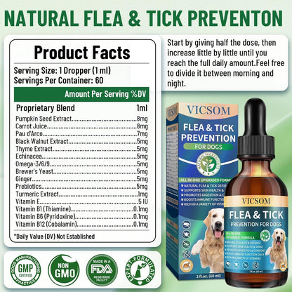 Natural Flea and Tick Prevention for Dogs, Oral Herbal Dog Flea and Tick Treatment Drops with Pumpkin Seed & Black Walnut for Dogs, Skin & Coat Care - Digestive & Immune for All Breeds and Ages, 60ml