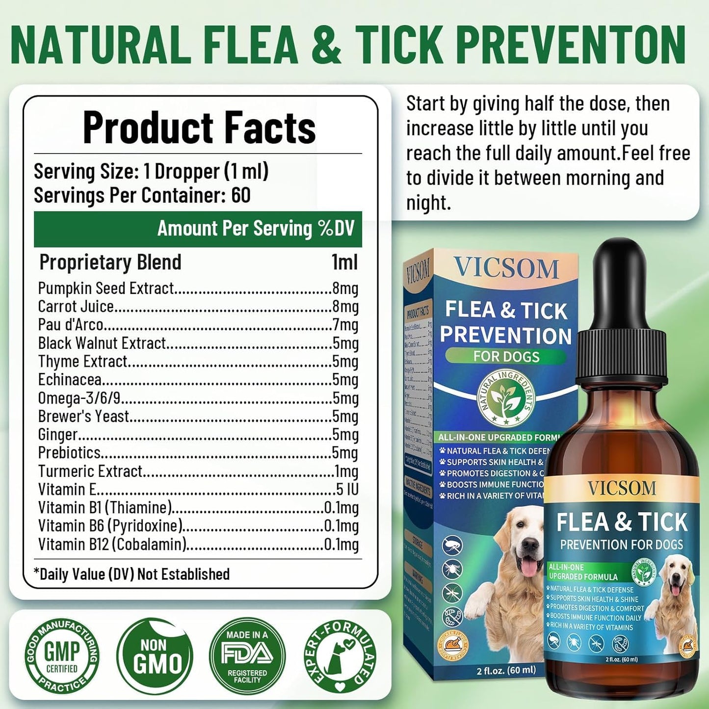 Natural Flea and Tick Prevention for Dogs, Oral Herbal Dog Flea and Tick Treatment Drops with Pumpkin Seed & Black Walnut for Dogs, Skin & Coat Care - Digestive & Immune for All Breeds and Ages, 60ml