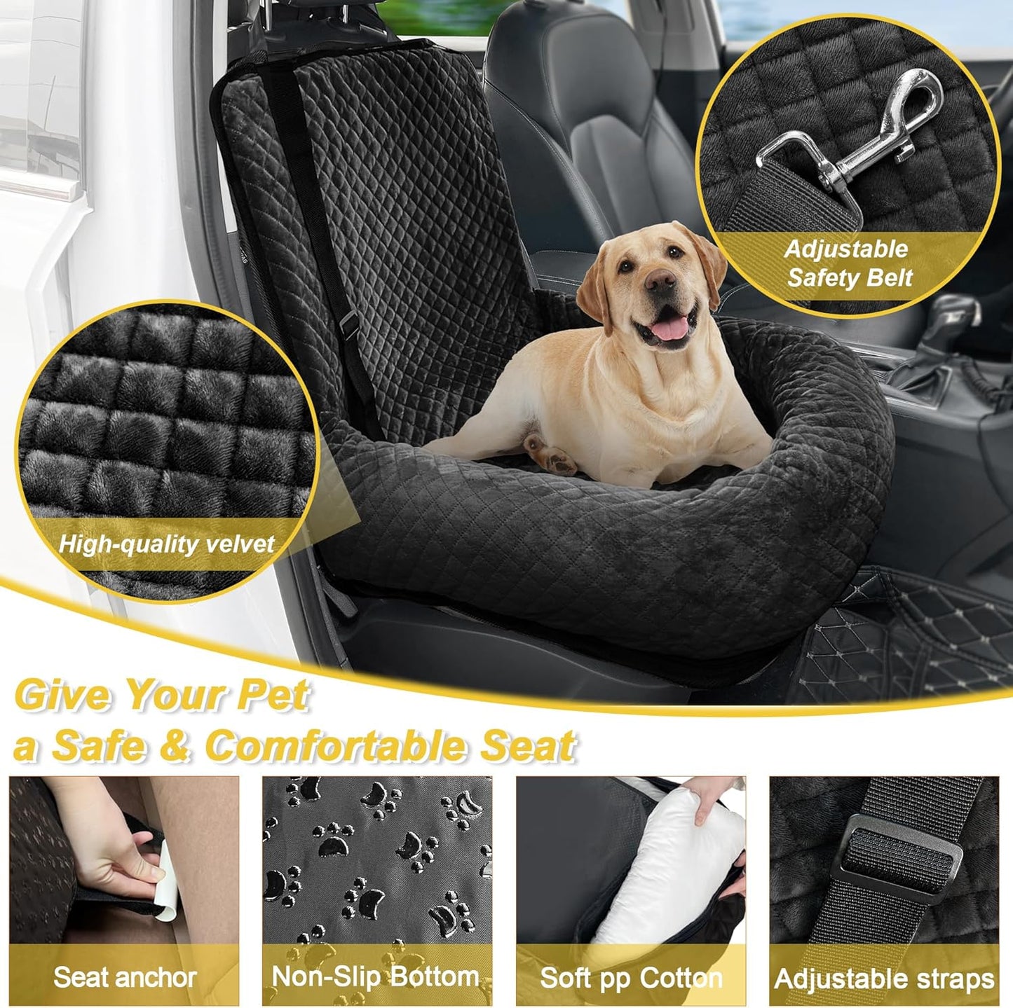 Dog Car Seat for Small Medium Dogs,Detachable Washable Travel Safety Pet Booster Seat, Comfy Ultra Soft and Multifunctional Car Travel Bed,Black