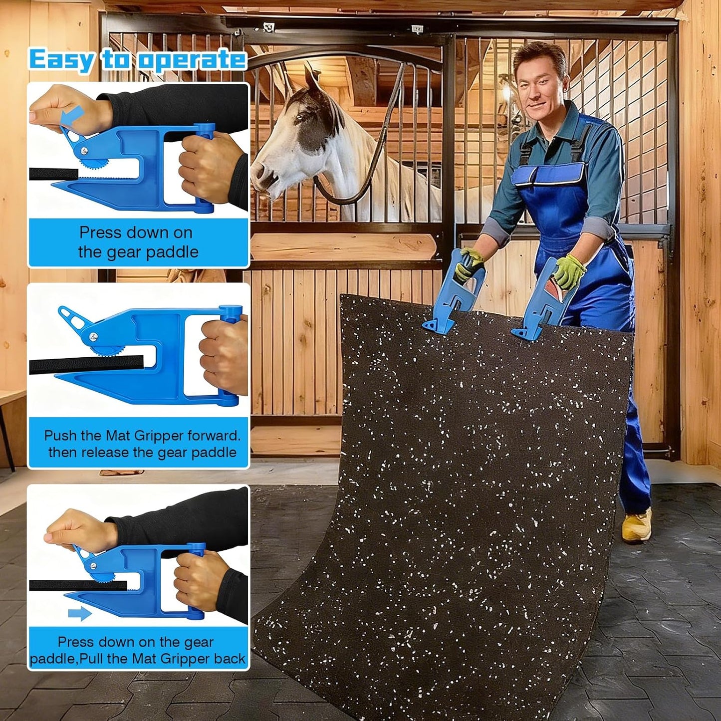 2 Pack Blue Mat Movers Tool, Heavy Duty Stall Mat Grippers for Horse Stalls, Gym, Barn, and Trailer, Ergonomic Rubber Mat Puller for Easy Lifting and Moving