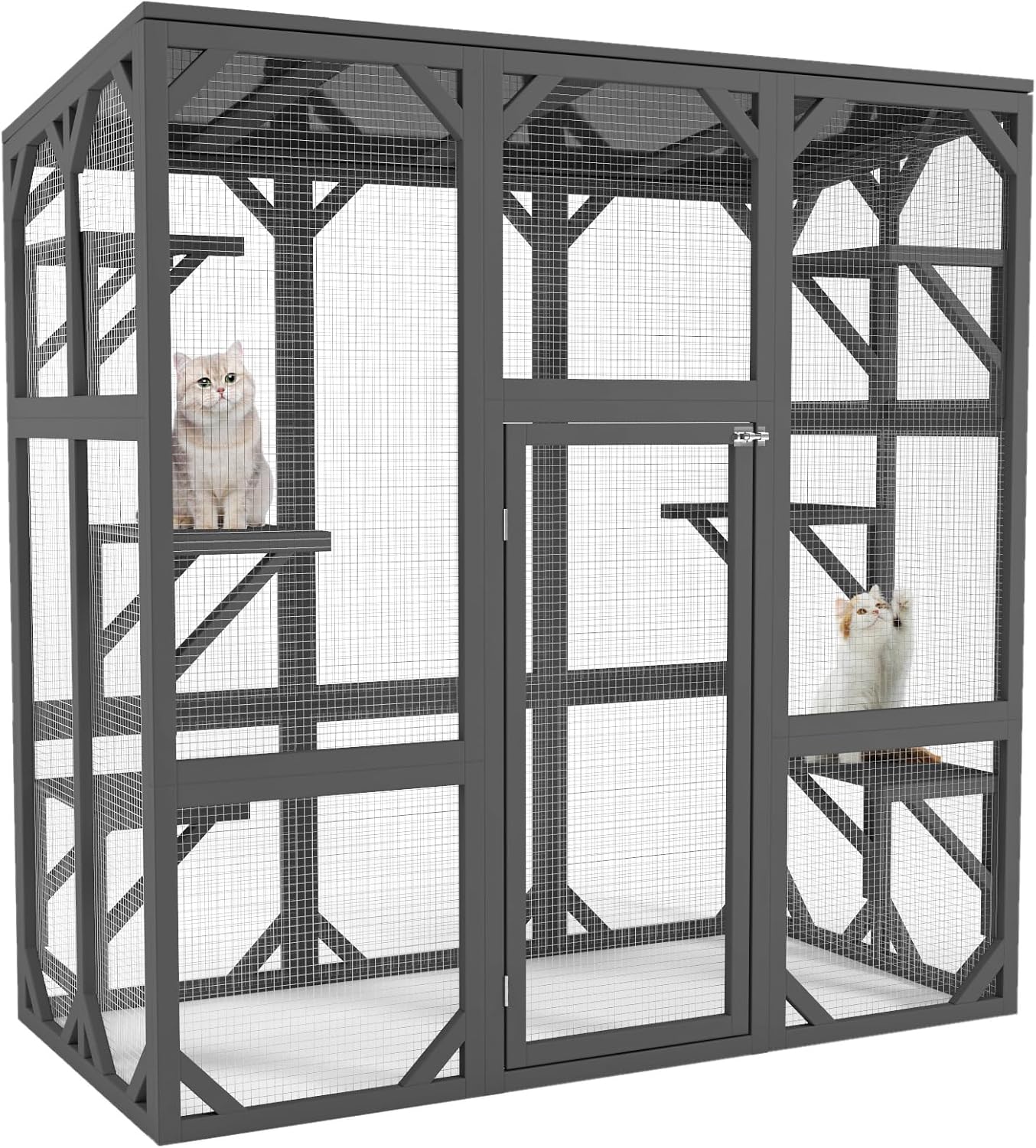 KEIKI Outdoor Wooden Cat Cage Catio Enclosure with Large Enter Door, Walk in Cat House Shelter with 6 Platforms for Multiple Pets, 60" Tall Kitten Cage with Lock, UV Resistant & Waterproof, Gray