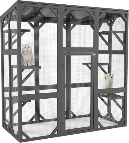 GREAZ Spacious Outdoor Cat Enclosure with Six Platforms, Waterproof Roof, Large Entry Door, Sturdy Wooden Frame, Grey