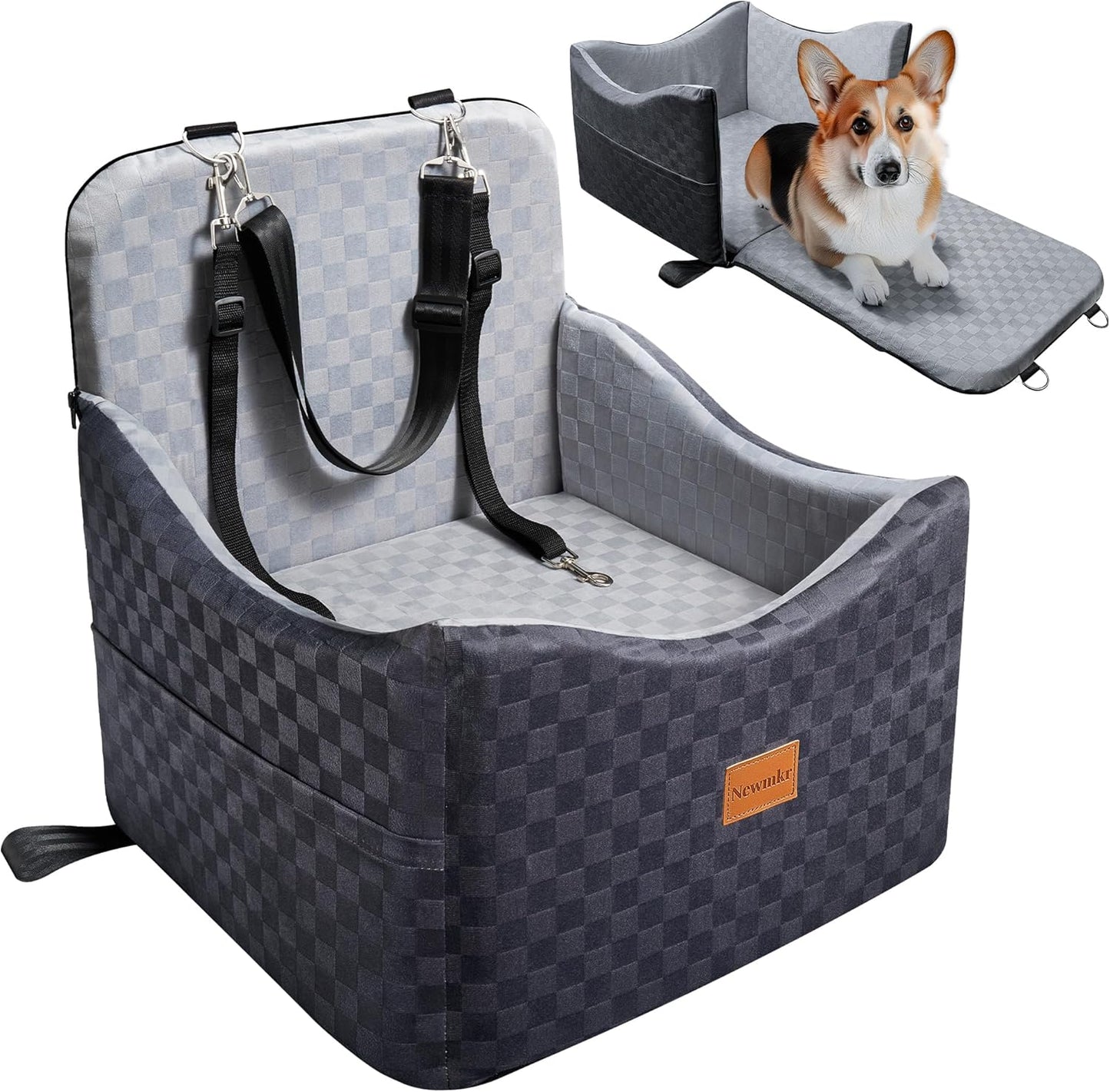 2 in 1 Dog Car Seat Bed for Small/Medium Dogs Up to 35 lbs, Travel Dog Booster Seat with Memory Foam Thick Cushion, Safety Belts&Storage Pockets, Removable Washable Bed Fits Front or Back Seat