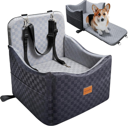 2 in 1 Dog Car Seat Bed for Small/Medium Dogs Up to 35 lbs, Travel Dog Booster Seat with Memory Foam Thick Cushion, Safety Belts&Storage Pockets, Removable Washable Bed Fits Front or Back Seat