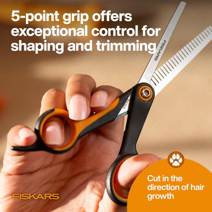 Fiskars Pet Blending Scissors, Dog and Cat Grooming Scissors, Serrated Teeth for Thinning & SoftGrip Handle, Cat and Dog Supplies, 6.5”, Orange/Black