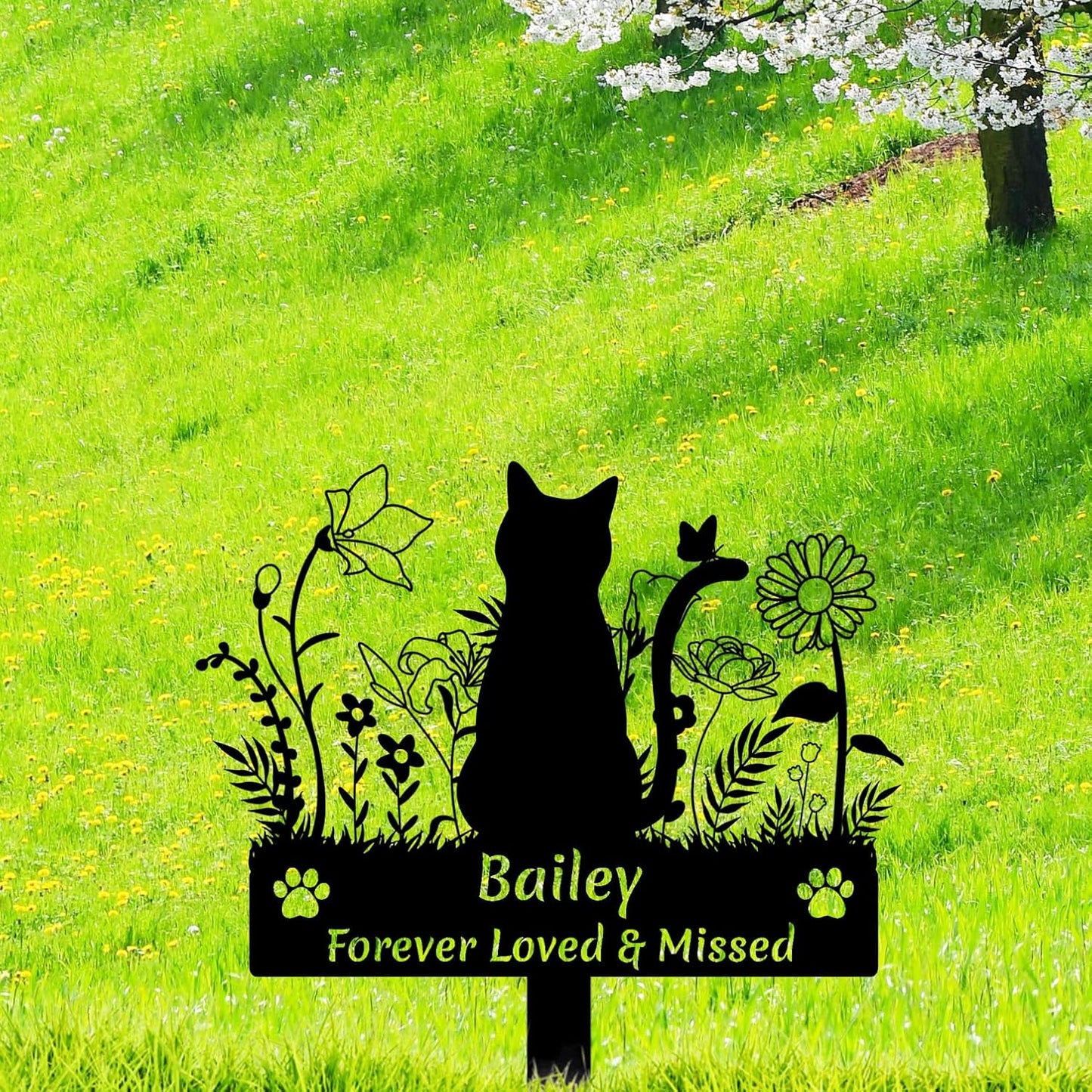 Custom Cat Name Memorial Grave Stake Marker, Personalized Floral Cat Memorial Grave Marker, Customized Flowers Butterfly Cat Memorial Stake Outdoor Metal Grave Plaque Cat Memorial Statue