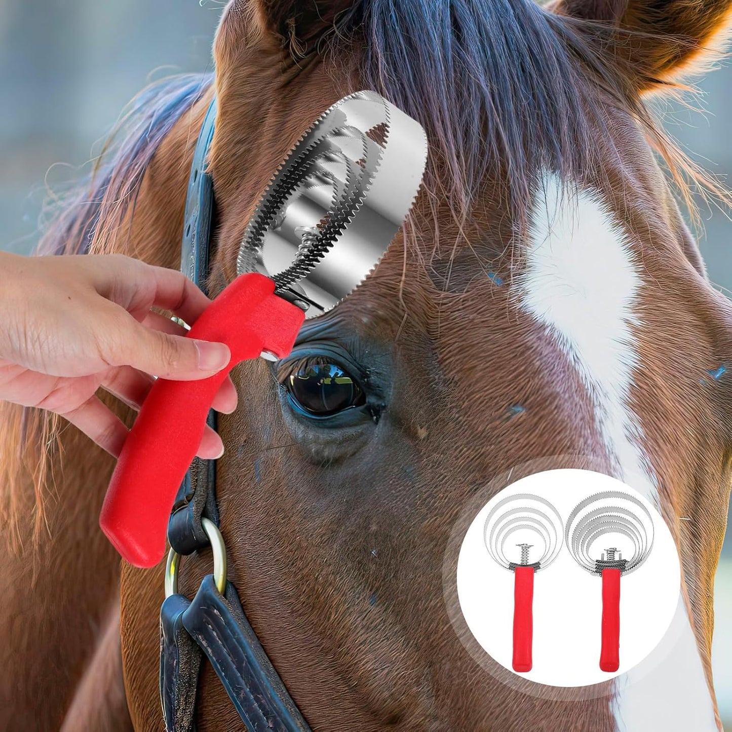 2Pcs Stainless Steel Curry Comb for Horse and Cow Grooming, Double-Sided Metal Rings Brush with Comfortable Grip, Pet Grooming Tool for Removing Loose Hair and Cleaning Tack