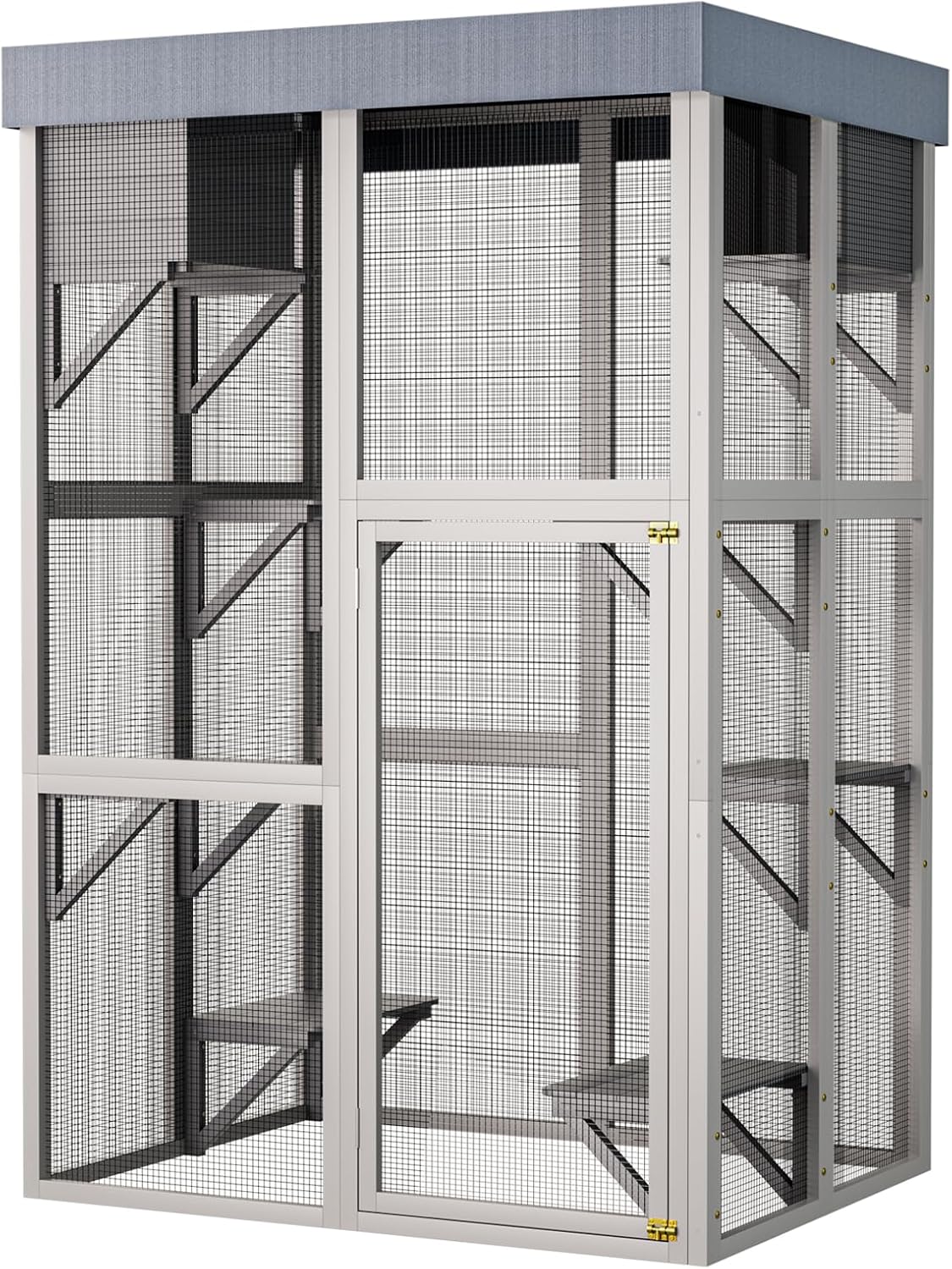 70.5" H Catio Outdoor Cat Enclosure,Cat House with Waterproof Roof and Large Enter Door,Wooden Shelter W/ 6 Jumping Platforms & 2 Napping Houses,Cats Cage for Walk in Kitten Kennel,Gray