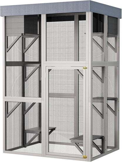 70.5" H Catio Outdoor Cat Enclosure,Cat House with Waterproof Roof and Large Enter Door,Wooden Shelter W/ 6 Jumping Platforms & 2 Napping Houses,Cats Cage for Walk in Kitten Kennel,Gray