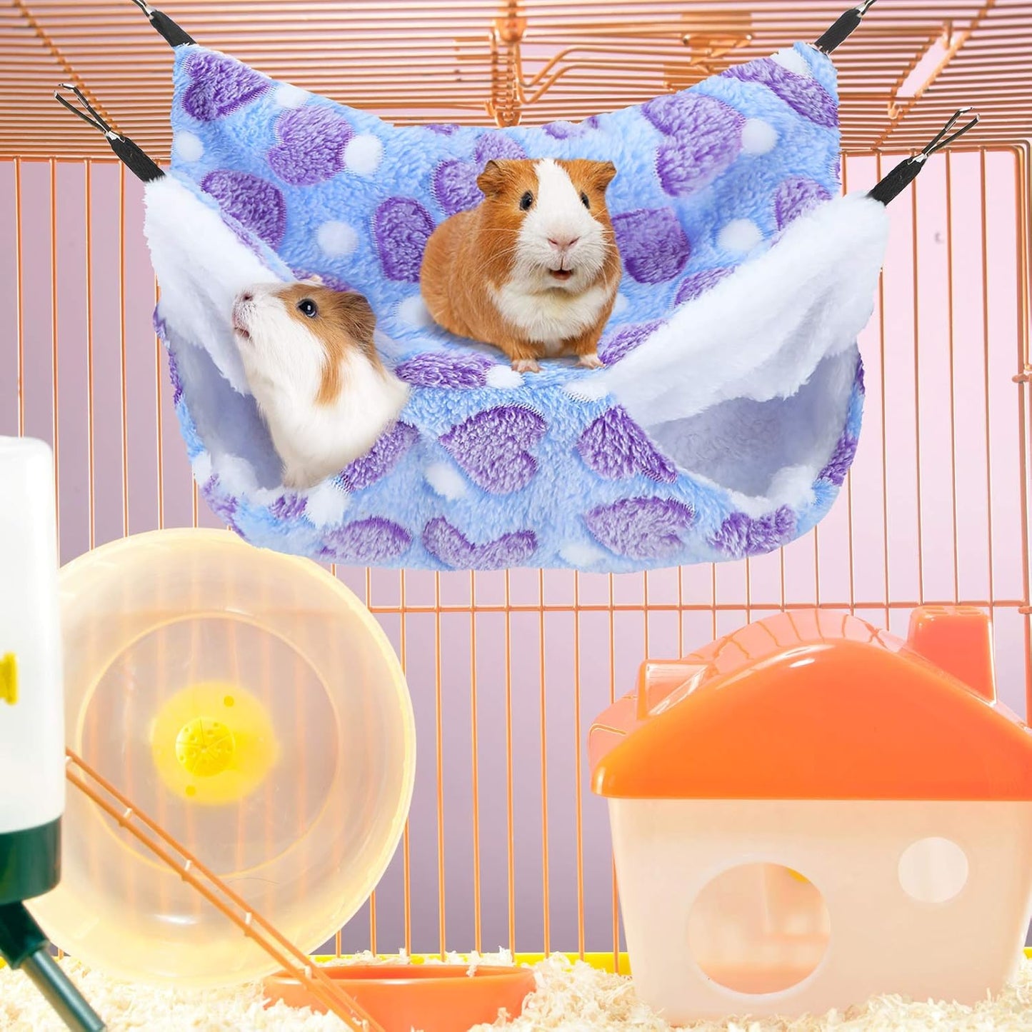 BOAO 2 Pcs Guinea Pig Rat Hammock Guinea Pig Hamster Ferret Hanging Hammock Accessories for Small Animals Chinchilla Parrot Sugar Glider Ferret Squirrel (Purple, Coffee Color, Heart Pattern)