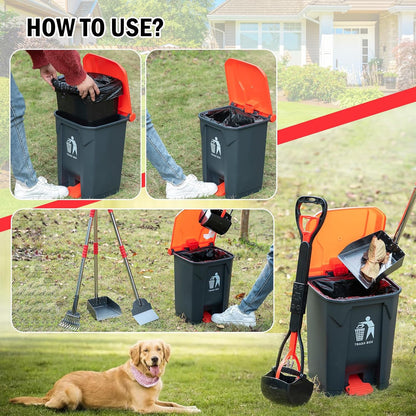 Pooper Scooper Set,Dog Poop Tray and Rake Set for Large & Small Dogs Dog Pooper Scooper 15 Litre Step Dog Poop Trash Can Outside W/Removable Inner Bucket with 20 Waste Bags