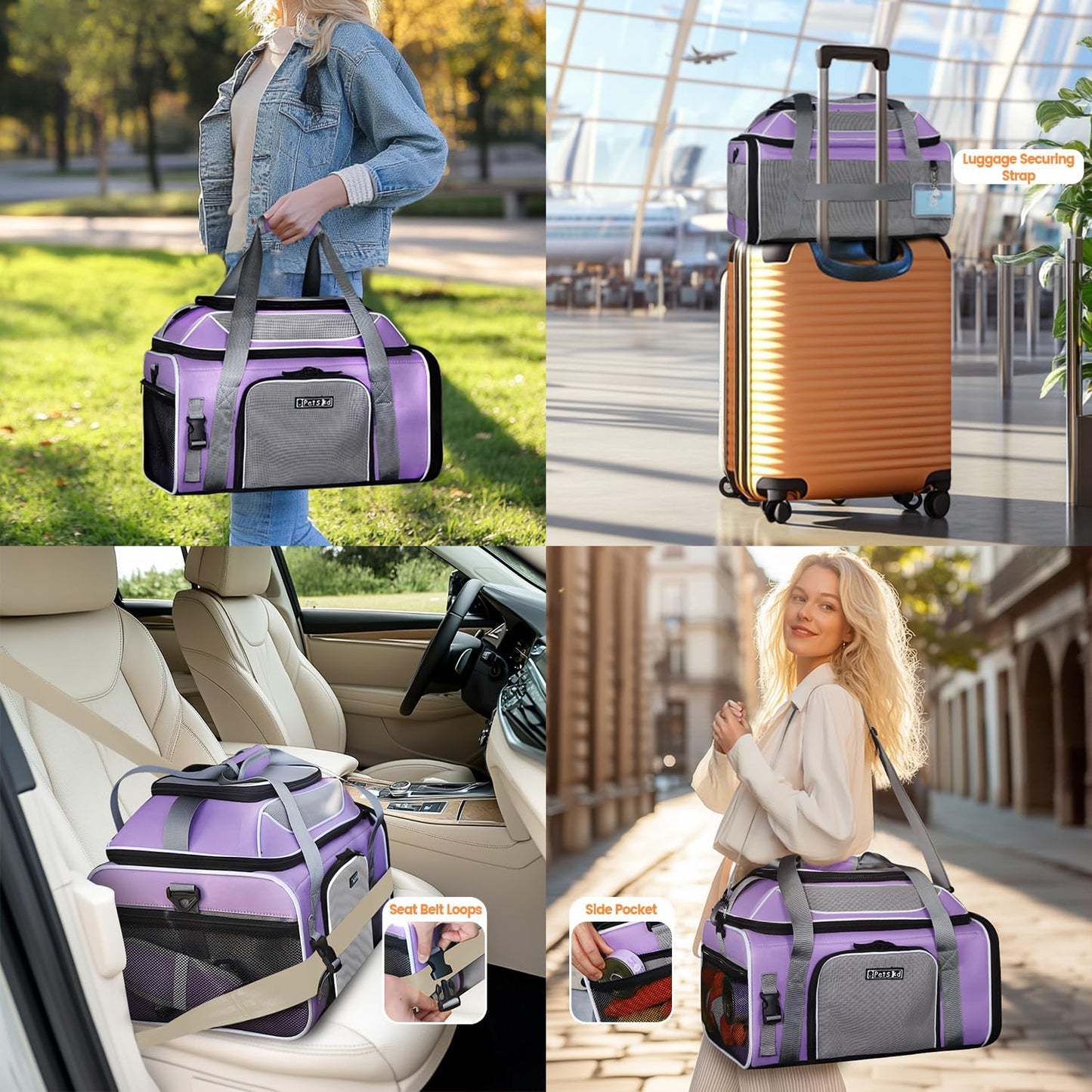 Petskd Top-Expandable Pet Carrier 19x13x9 Inches Southwest Allegiant Airlines Approved, Soft-Sided Carrier for Small Dog Under 12 lbs and Large Cat Under 15 lbs(Purple)