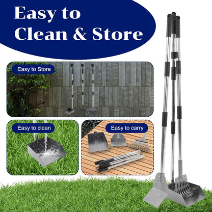 3 Pcs Dog Pooper Scooper Tray Shovel & Rake Kit, Heavy Duty Dog Poop Scooper with Adjustable Metal Long Handle, Portable Large Dogs Poop Picker Upper for Yard, Walks, Grass & Garden Leaves
