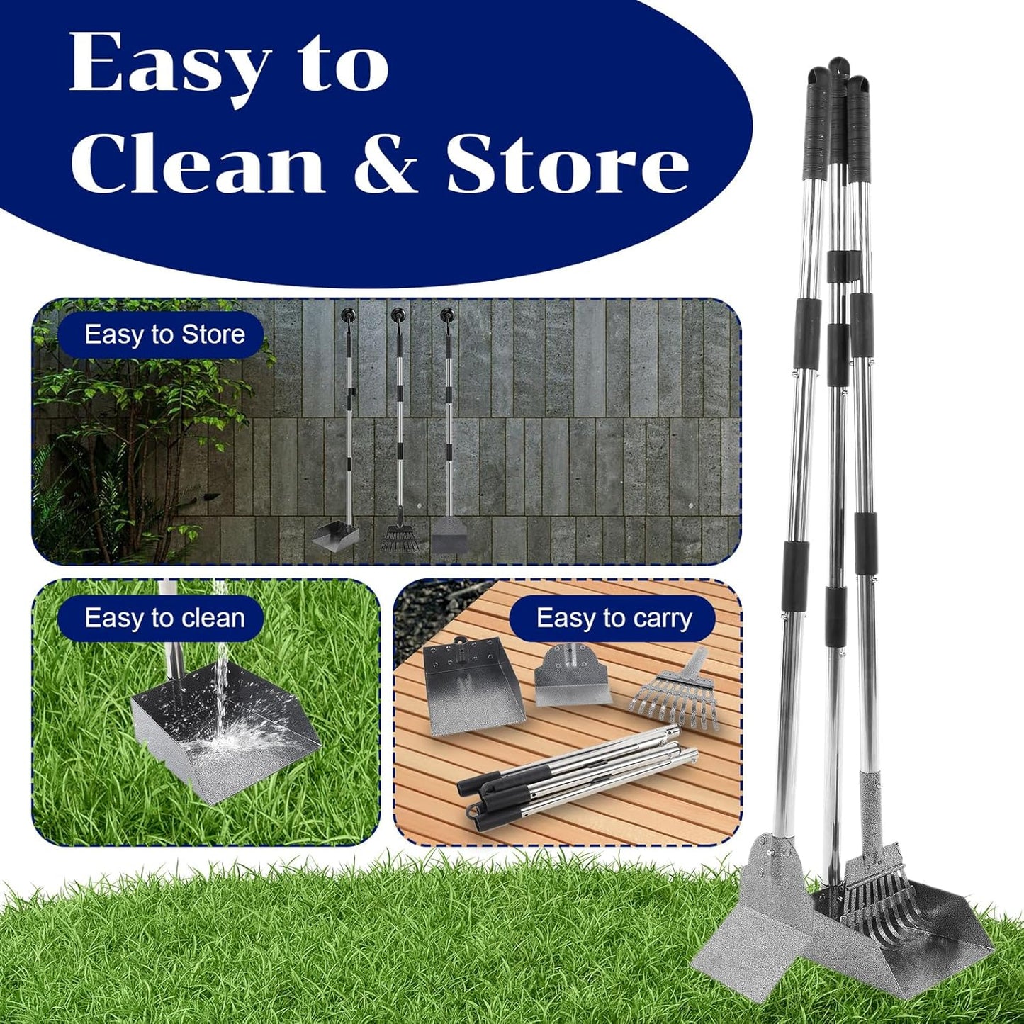 3 Pcs Dog Pooper Scooper Tray Shovel & Rake Kit, Heavy Duty Dog Poop Scooper with Adjustable Metal Long Handle, Portable Large Dogs Poop Picker Upper for Yard, Walks, Grass & Garden Leaves