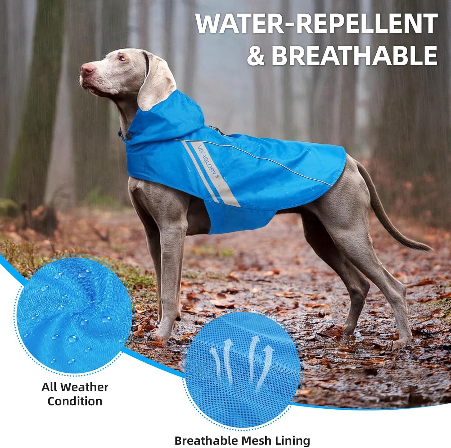 VIVAGLORY Short Dog Leash + Dog Raincoat, Rain Jacket with Harness Hole & Hood, Leash with Soft Padded Handle for Training