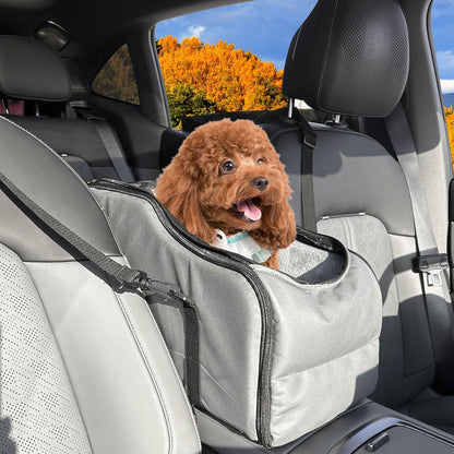 Dog Car Seat for Small Medium Dogs to 0-13lbs, Portable Memory Foam Console Dog Armrest Booster Seat with Safety Belt, Detachable Soft Cushion, Pet Car Seat Travel Bed