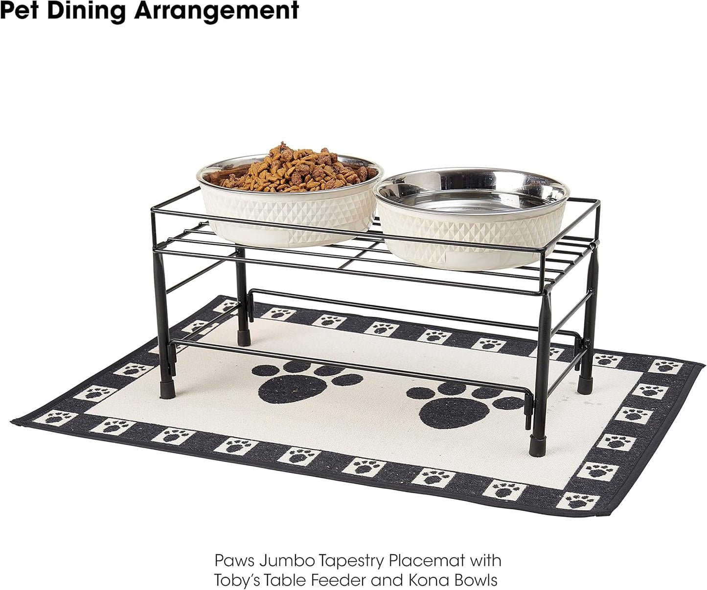 PetRageous 12049 Paws Jumbo Tapestry Dog and Cat Non-Skid Machine Washable Placemat for Pet Feeding Areas with Rubber Backing 18-Inch by 28-Inch for Dogs and Cats, Black and Natural (Pack of 2)