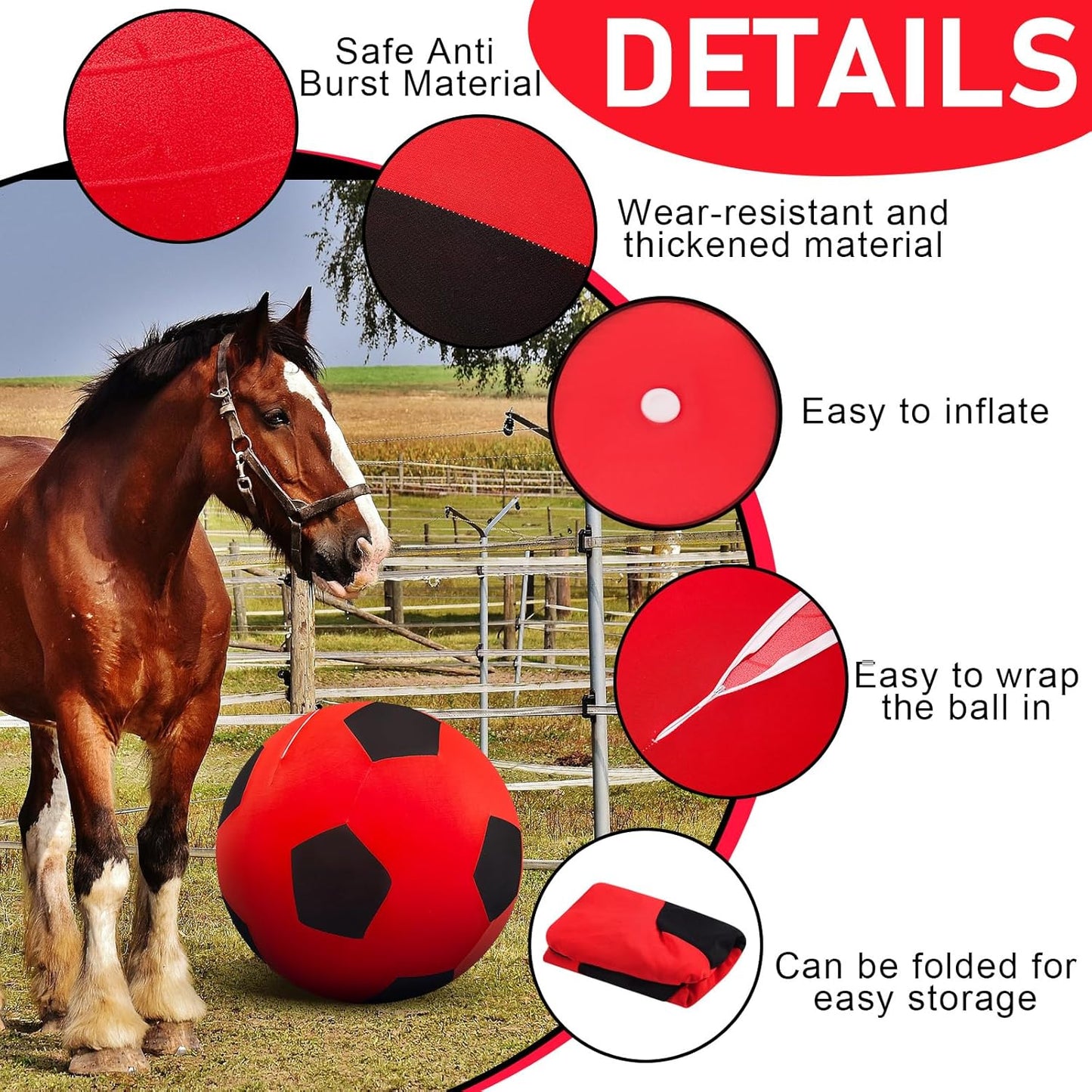 30 Inch Giant Herding Ball with Cover Anti Burst Ball Please Watch VCR for How to Inflation Horse Toys for Horses Stall Entertainment Play, Pump Included(Red Black, Classic)