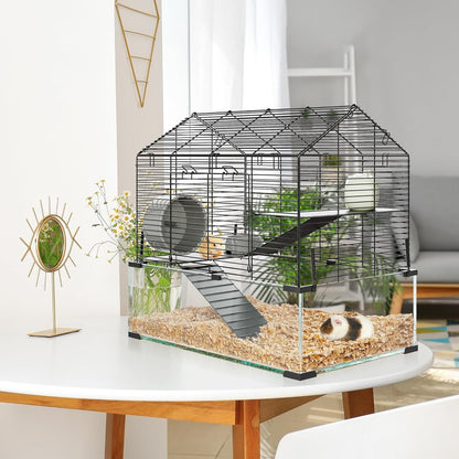 Spacious 3-Tier Hamster Cage for Small Animals – Deep Tempered Glass Bottom, Running Wheel, Water Bottle & Food Bowl – Transparent Habitat for Syrian, Dwarf Hamsters, Gerbils, Mice, Rats, Chinchillas,