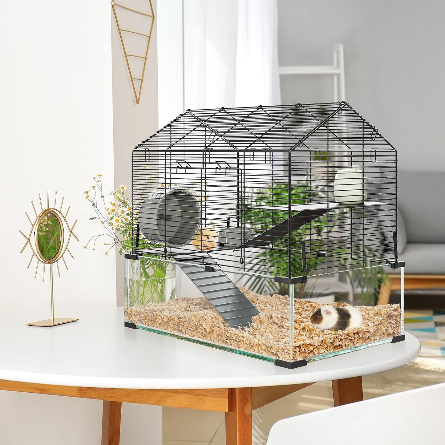 Spacious 3-Tier Hamster Cage for Small Animals – Deep Tempered Glass Bottom, Running Wheel, Water Bottle & Food Bowl – Transparent Habitat for Syrian, Dwarf Hamsters, Gerbils, Mice, Rats, Chinchillas,