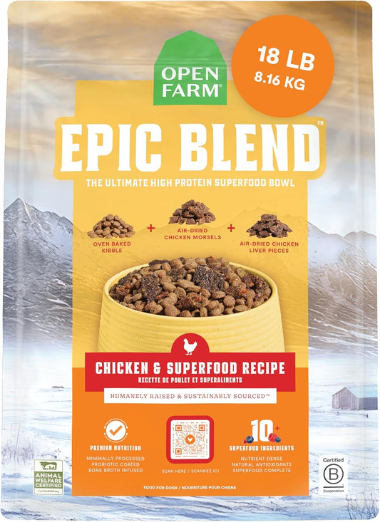 Open Farm, Epic Blend High Protein Dry Dog Food, Probiotic Coated & Bone Broth Infused Kibble with Air Dried Meat & Organs, Minimally Processed & Nutrient Dense, Chicken & Superfood Recipe, 18lb Bag
