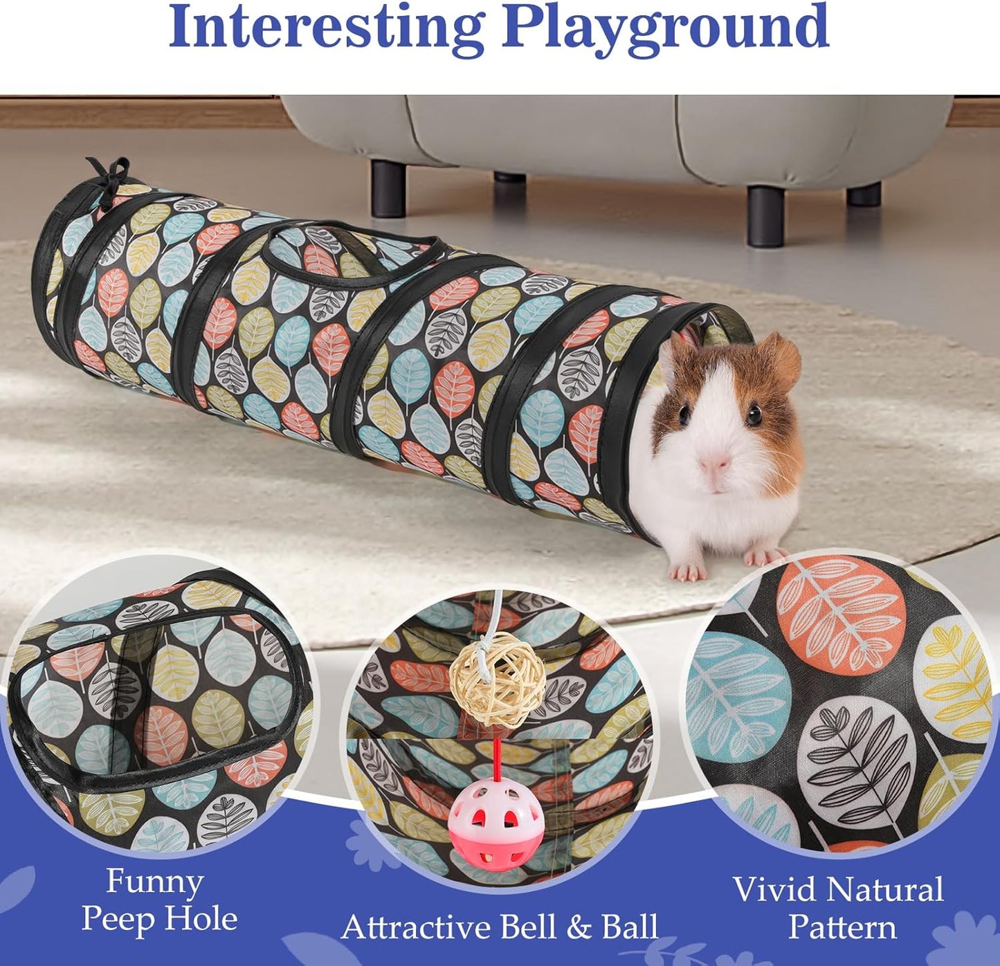 Pawaboo Small Pet Straight Tunnel, 23.6in Guinea Pig Tunnels and Hamster Tubes, Collapsible Small Animal Hideout with Interactive Bell and Balls, for Hamsters Guinea Pigs Rabbits Ferrets Chicks,Leaves