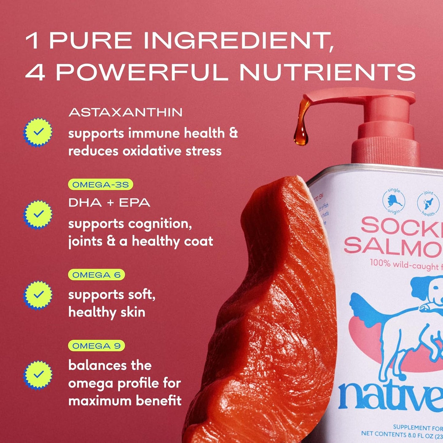 Native Pet Salmon Oil for Dogs & Cats – Pure Omega-3 Fish Oil for Dogs Supplement for Skin & Coat, Joint & Heart Health - Dog Anti-Inflammatory – 100% Wild-Caught Alaskan Sockeye Salmon – 8 oz