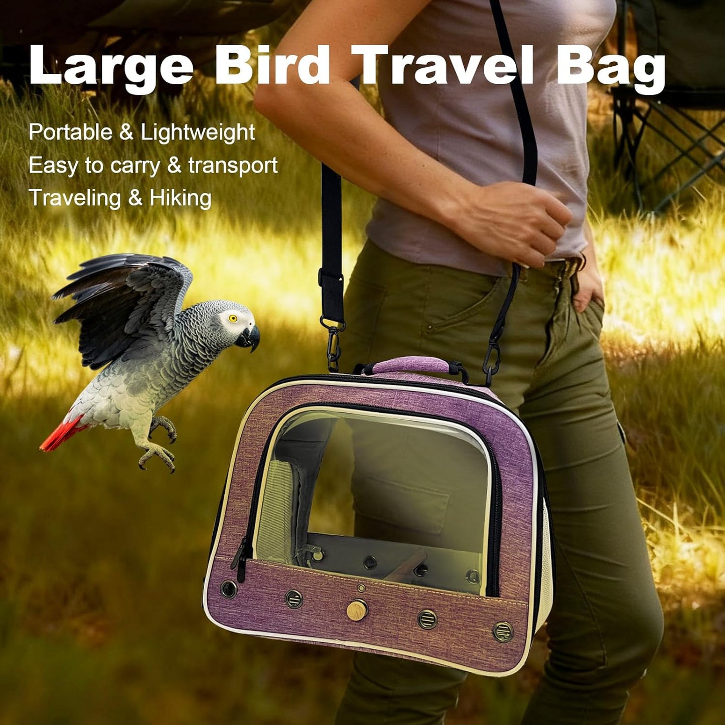 halinfer Bird Travel Carrier Cage for Large Size Parrot, Portable Bag with Metal Tray and Grid to Carry and Transport Medium and Large Birds Like African Grey, Long Tail Cockatiel and Parrot