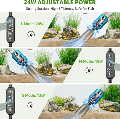 Electric Aquarium Vacuum Gravel Cleaner: 24W Fish Tank Vacuum Gravel Cleaner with Strong Suction for Automatic Water Change Algae Remover Sand Wash Water Shower and Water Circulation, Timed Off