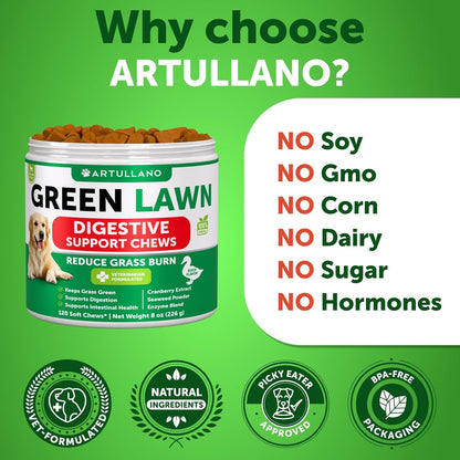 Grass Burn Spot Chews for Dogs - Pee Lawn Spot Saver Caused by Dog Urine - Grass Treatment Rocks - Urine Neutralizer for Green Lawn - Chewable Probiotics, Digestive Enzymes, DL-Methionine - 120 Treats