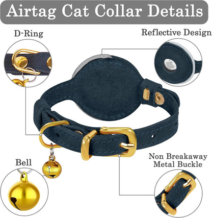 OOPSDOGGY Reflective Leather AirTag Cat Collar with Bell - Non Breakaway Adjustable Pet Collar with Apple Air Tag Holder - Lightweight GPS Kitten Collars for Small Dogs Puppy (Blue)