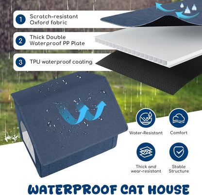 Outdoor Cat House Weatherproof, Insulated Cat Houses for Outdoor/Indoor Cats for Winter, Waterproof Feral Stray Cat Shelter with Door Curtain and Warm Cushion, Easy to Assemble, Navy Blue