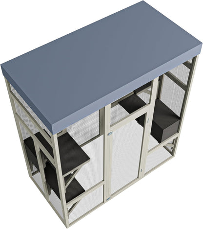 KEIKI 62.6" Outdoor Wooden Catio for Cats, Large Cat Shelter Enclosure with Platforms, Cat Houses with Secure Rust-Proof Wire and Upgrade, Waterproof CoverPet Cage for Patio or Backyard