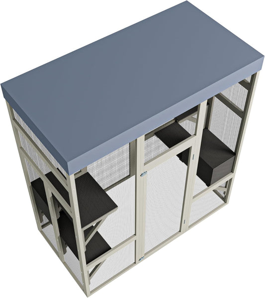 KEIKI 62.6" Outdoor Wooden Catio for Cats, Large Cat Shelter Enclosure with Platforms, Cat Houses with Secure Rust-Proof Wire and Upgrade, Waterproof CoverPet Cage for Patio or Backyard