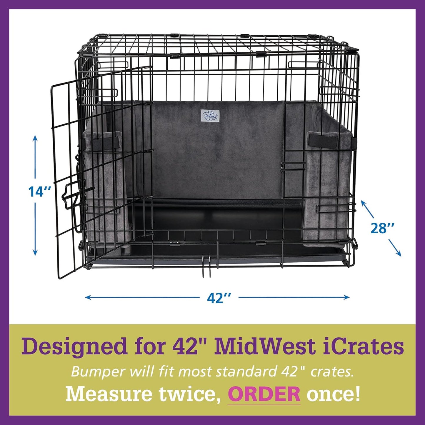 Pet Dreams Dog Crate Bumper & Mat Set with Bonus Donut Toy - Comfy Liner & Dog Tail Protector for Inside Crate, fits iCrate Cages 18, 24, 30, 36, 42, 48 Inches (Khaki, X-Large, 42“)