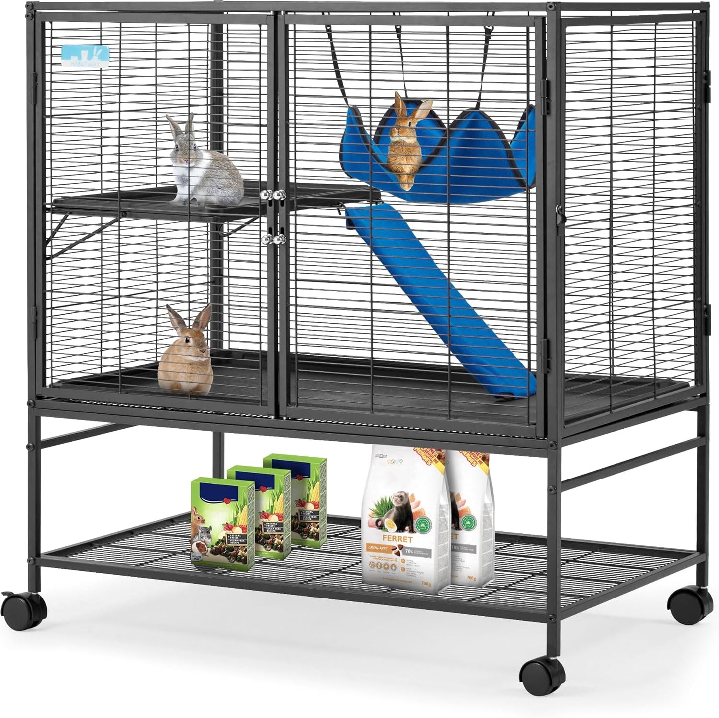 HABUTWAY 40''H Large Metal Rolling Ferrets Cage, 2-Tiers Small Animal Cages, Cage for Rats/Chinchillas, 0.5'' Bar Spacing for Ferret,Small Animal Cage w/Removable Ramp & Platform