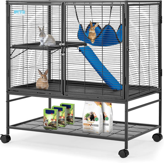 HABUTWAY 40''H Large Metal Rolling Ferrets Cage, 2-Tiers Small Animal Cages, Cage for Rats/Chinchillas, 0.5'' Bar Spacing for Ferret,Small Animal Cage w/Removable Ramp & Platform