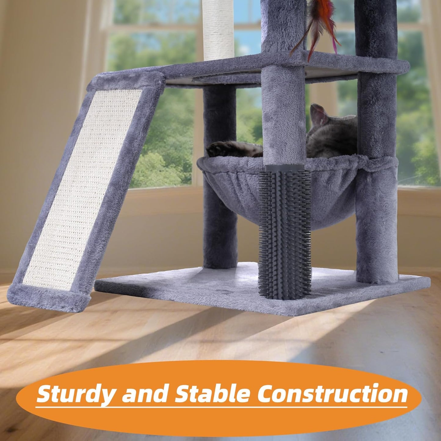 Multi-Level Cat Tree for Indoor Cats, Cat Tree Tower with Big Cat Hammock and Self-Grooming Brush, Cat Tower with Scratch Ladder, Indoor Climbing Activity Tower with Scratching Posts, Grey