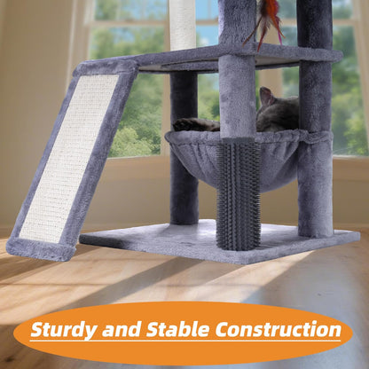 Multi-Level Cat Tree for Indoor Cats, Cat Tree Tower with Big Cat Hammock and Self-Grooming Brush, Cat Tower with Scratch Ladder, Indoor Climbing Activity Tower with Scratching Posts, Grey